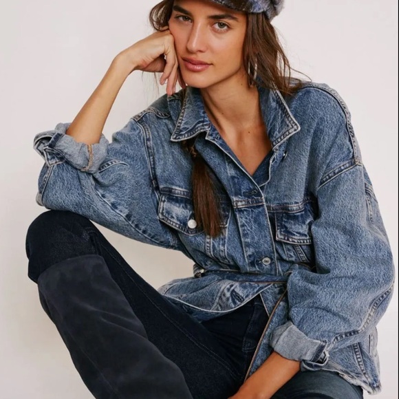 Free People Washed Blue Denim Belted Jacket - Picture 3 of 4